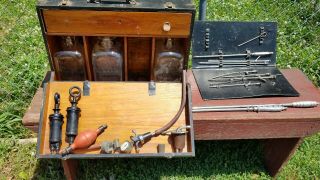 Old Embalming Travel Kit W/3 2qt Glass Bottles Trocar Tools Mortician Undertaker