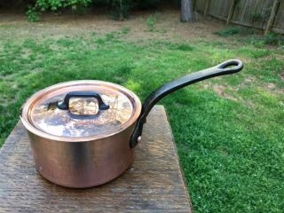 Antique 3.  4mm French 5.  5 " Hammered Copper Sauce Pan Tin Lining W/lid