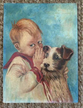 Antique,  Vintage Oil Painting Of Terrier Dog And Boy Whispering Secrets