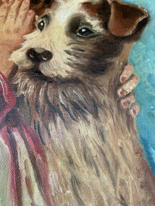 Antique,  Vintage Oil Painting of Terrier Dog And Boy Whispering Secrets 2