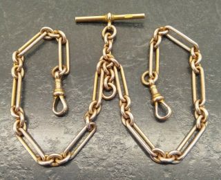 Antique Rolled Gold Trombone Link Double Albert Pocket Watch Chain By T,  H.