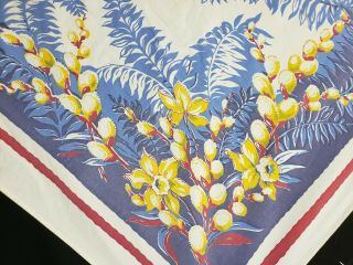 Vintage Tablecloth Cotton Printed Tropical Floral Blue 1940s Era 44x52 " Estate