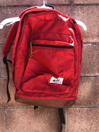 Vintage Rei Leather Nylon Canvas Hiking Camping Backpack Red