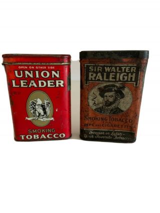 Vintage Union Leader & Sir Walter Raleigh Pocket Pipe,  Cigarette Tobacco Tins