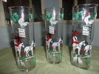 Set Of 3 The White Cock Stage Coach Inn High - Ball Glasses Vintage Retro Libbey