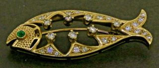 Vintage 14k Gold.  87ctw Diamond & Emerald Fish Brooch/pendant