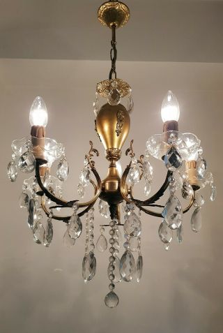 Antique Vintage 5 Arms Brass & Crystals Chandelier Lighting Ceiling Lamp Light