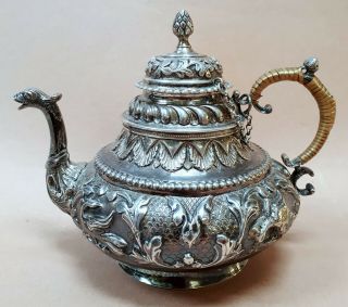 Very Rare C19th Solid Sterling Silver Dutch Teapot w Sea Monster Spout 387g 2