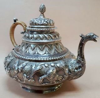 Very Rare C19th Solid Sterling Silver Dutch Teapot w Sea Monster Spout 387g 3