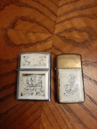 Two Vintage White Scrimshaw Sail Boat Ship Lighthouse Zippo Lighters