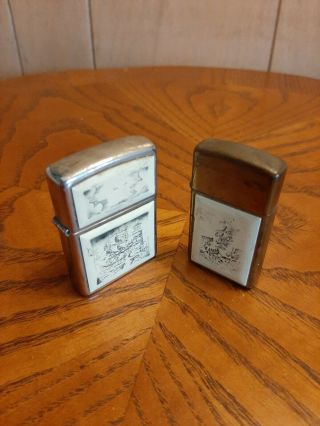 Two Vintage White Scrimshaw Sail Boat Ship Lighthouse Zippo Lighters 2