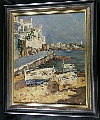 Large Vintage Signed Mediterranean Scene Framed Oil On Canvas Painting
