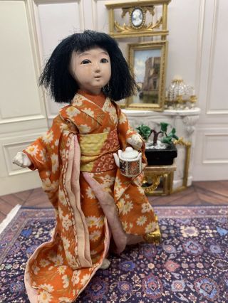 Vintage Japanese 6.  5” Doll Inset Glass Eyes Silk Kimono Dressed Pt’d Brows,  Lip