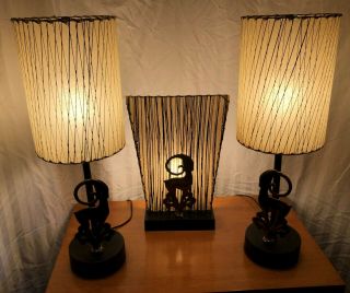 Rare 1950s Vintage Brass Gazelle Table & Tv Lamp Set Mid - Century Atomic