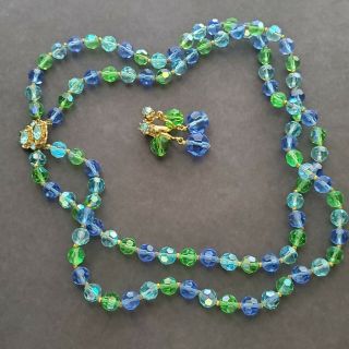 Vintage 2 Strand Aurora Borealis Green Blue Necklace Earring Set Estate Find