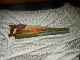 Vintage Hand Painted Hand Saw Cabin Sunset Signed Lucente