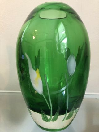Vintage Green Murano Art Glass Vase With Calla Lilies -