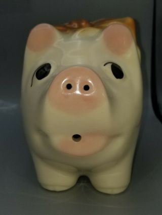 Vintage Signed USA Pottery Piggy Bank Golden Yellow Bow ' 70s 2