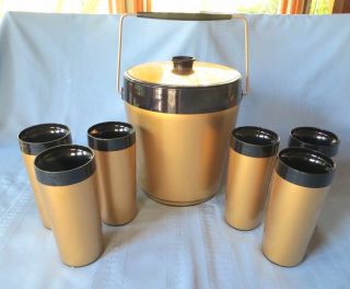 Vintage West Bend Thermo Serv Gold Plastic Ice Bucket And 6 Tumbler Glasses