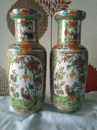 Antique Chinese Nonya Peranakan Lime Green Famille Rose Porcelain Rouleau Vases