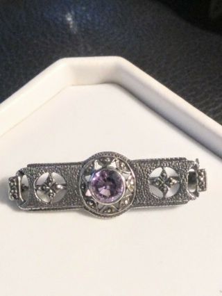 Vintage Sterling Silver (925) & Marcasite Bar Pin/brooch - Round Amethyst Stone