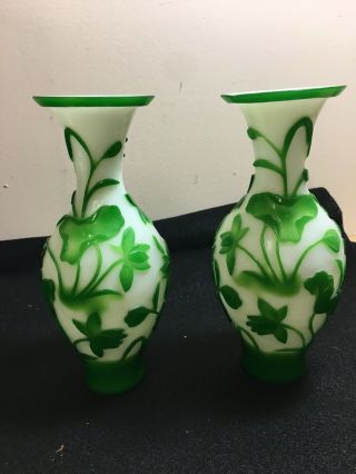 Pair Chinese Antique Green And White Peking Glass Vases 8”