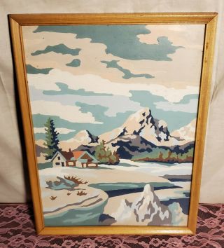 Vintage Framed Paint By Number Snowy Mountain Cabin