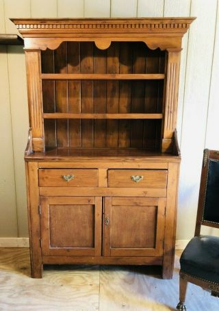 Antique Country Pine Step Back Cupboard Hutch - - Dentil Molding Details 19th Cen
