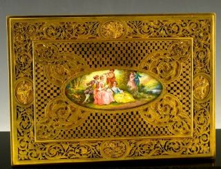 Exquisite Large Antique French Gilt Bronze & Enamel Scenic Jewelry Chest Box