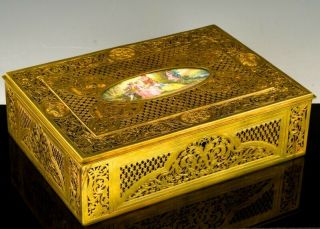 EXQUISITE LARGE ANTIQUE FRENCH GILT BRONZE & ENAMEL SCENIC JEWELRY CHEST BOX 2