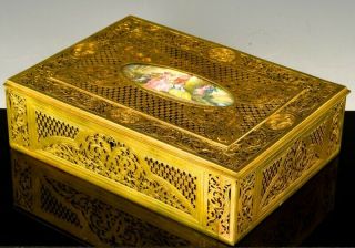 EXQUISITE LARGE ANTIQUE FRENCH GILT BRONZE & ENAMEL SCENIC JEWELRY CHEST BOX 3