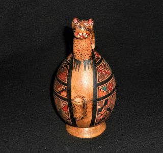 Vintage Peruvian Folk Art Geometric Terracotta Hand Painted Jaguar Pitcher Jug
