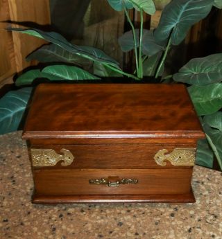 Vintage Wood Jewelry Box Lift Top & Pull Drawer With Goldtone Metal Accents