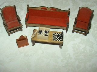 Vintage Dollhouse Living Room Set Sofa 2 Chairs Chess Set Newspaper More