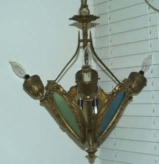 Antique Victorian Gothic 6 Light Solid Brass Ornate Chandelier W/colored Glass