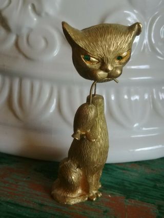 Vintage Mid Century Modern Brass Cat Figurine Green Eyes With Mouse In Mouth