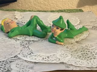 2 Vintage Elf Elves Pixie Pixies Ceramic Green Outfits Figurines Christmas