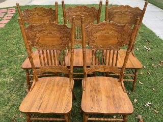 5 Antique Larkin Carved Solid Oak Press Back Side Chairs - Vintage,