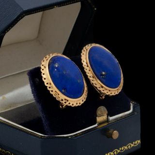 Antique Vintage Art Deco 14k Yellow Gold Etruscan Lapis Lazuli Cluster Earrings