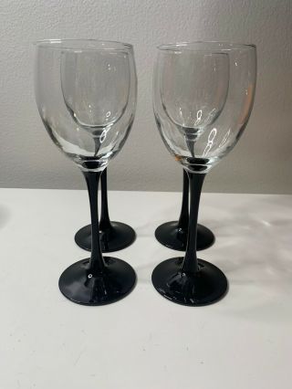 4 Vintage Luminarc France 8oz Black Stem Wine Glasses Goblets 7 3/4 " Tall