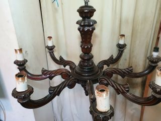 Big Rare Antique Church Hung Carved Mahogany Wood 8 Arm Chandelier