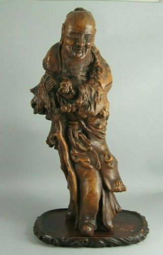 Large Antique Chinese Qing Dynasty Carved Rootwood Shoul Lao Deity Figure