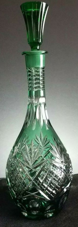 Bohemian ? French ? Emerald Green Cased Cut To Clear Glass Crystal 15 " Decanter