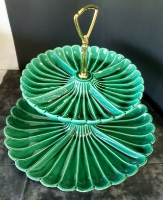 Vintage Green Usa Pottery 3658 2 - Tier Dishes Piece