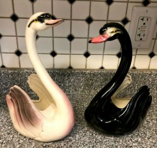 Vintage Black And White Swan Figurine Planters,  10 "