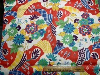 Vintage Cotton Fabric 40s Cute Red Yellow & Green Floral Novelty 35w 1yd