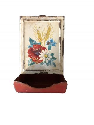 Vintage Tin Metal Painted Wall Mount Match Box Stick Holder Dispenser Flowers