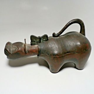 Antique Engraved Asian Japanese Cast Bronze Copper Hinged Cat Incense Burner