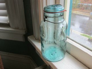 Vintage Atlas Ez Seal Aqua Glass Half Gallon Fruit Jar,  Bail & Glass Lid