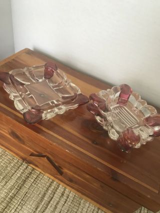 Vintage Cigarette Ashtray 3 Piece Set Red And Clear Glass Gorgeous